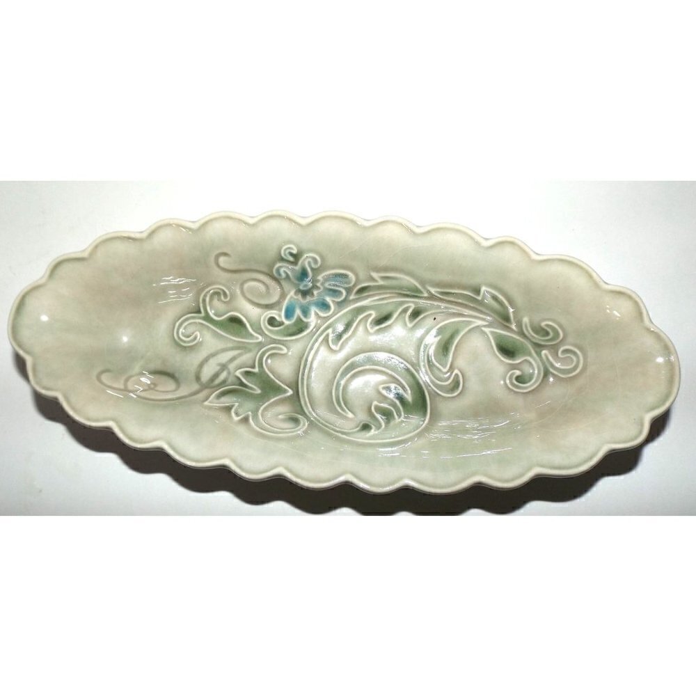 Handmade 9 inch oval trinket dish green swirls leaves blue flowers